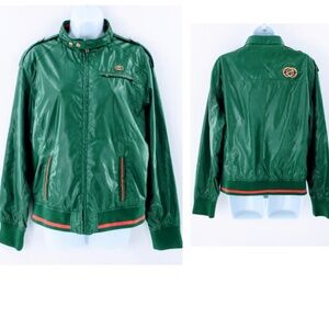 Women Racing Jacket Vtg Pepe Jeans London Green Satin Cafe Designer Stripe Sz XL
